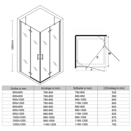 SONNI Cabina de ducha con bisagras, entrada esquina, mampara de ducha con barra sin marcosin plato de ducha